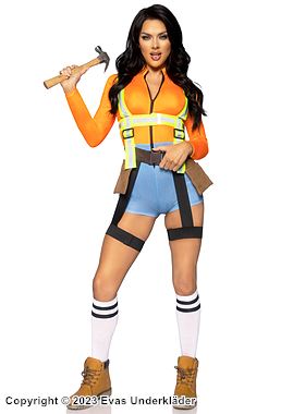 Female construction worker, costume romper, long sleeves, pockets, belt, front zipper